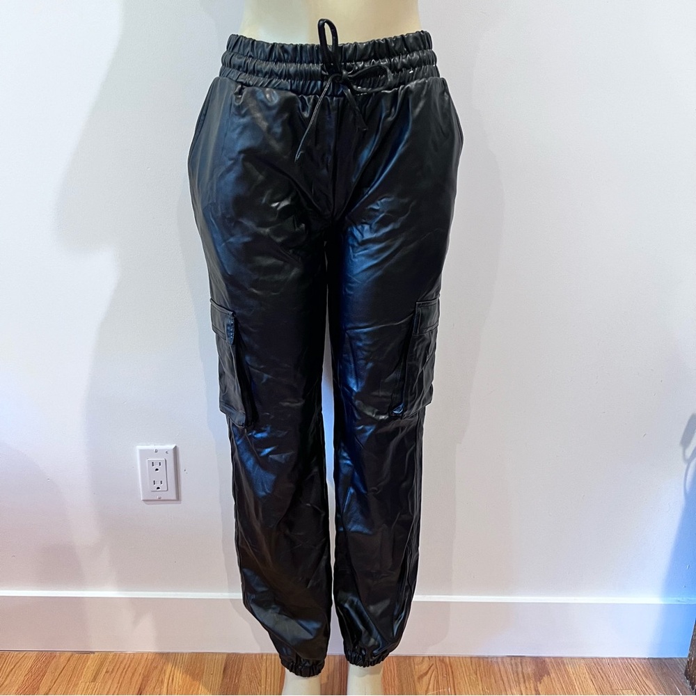 Sweet Envy Faux Leather Cargo Joggers Pants Sz S Small Pullon Pleather Black PU